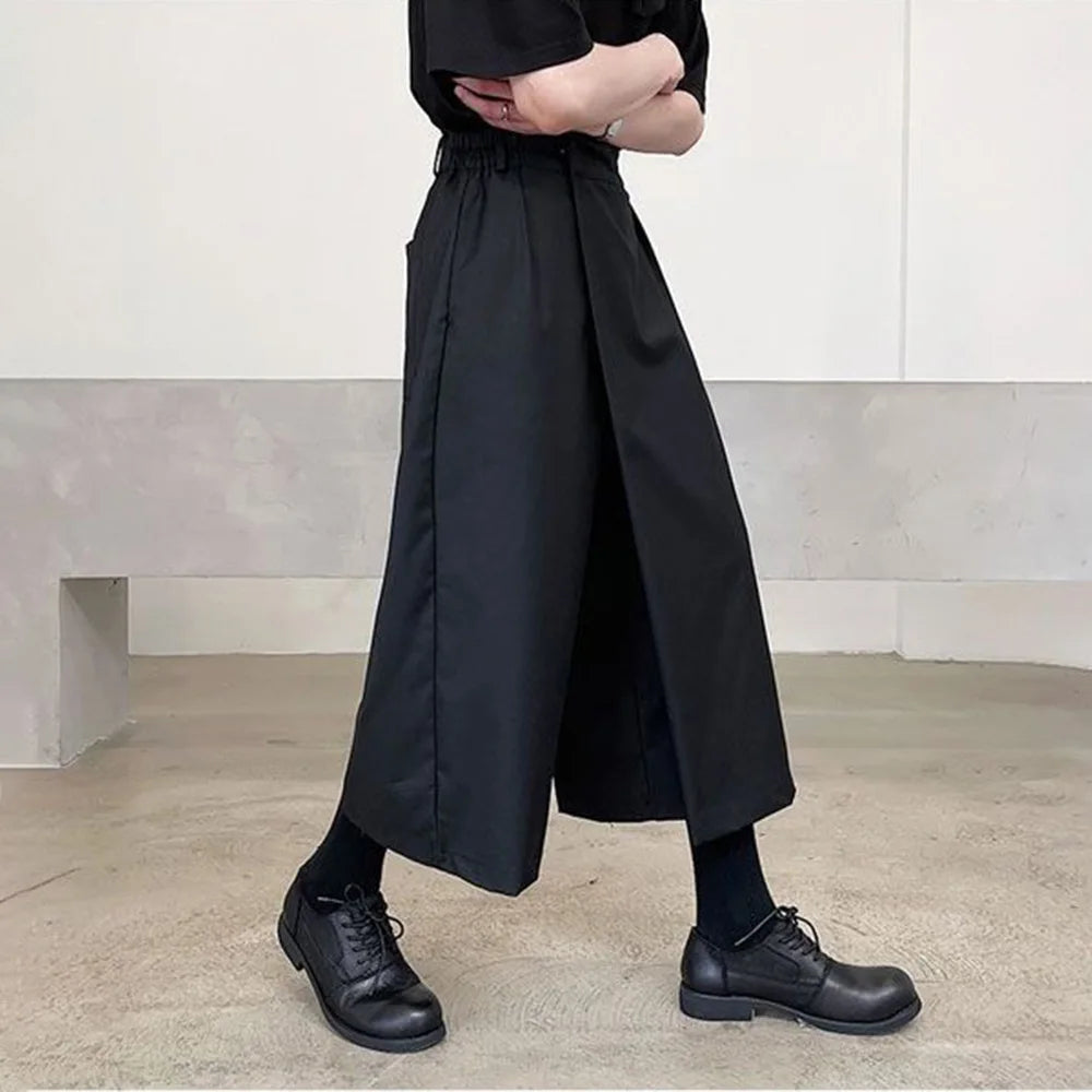HEARUJOY  -  Mens Culottes Asymmetrical Double-Layer Casual Hakama Streetwear Fashion Outdoor Daily Youth Plain Wide-Leg Pants Men'S Clothing