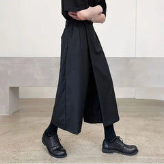 HEARUJOY  -  Mens Culottes Asymmetrical Double-Layer Casual Hakama Streetwear Fashion Outdoor Daily Youth Plain Wide-Leg Pants Men'S Clothing