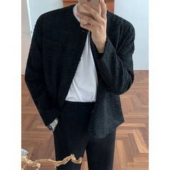 Hearujoy Men's Casual Luxury Jacket High Street Button Down O Neck Long Sleeve Solid Color Retro Texture Coat Autumn Korean 2024 New