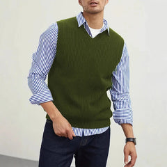 HEARUJOY  -  New Popular Preppy Style Men Sweater Vest Casual Knitted Streetwear Solid Color V Neck Waistcoat Leisure High Quality Knitwear