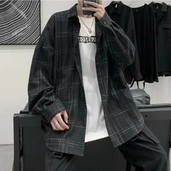 Hearujoy Spring Autumn Versatile Men's Cool Casual Loose Tess Button T-Shirt Soft Long Sleeve College Style Plaid Student Sport Pocket