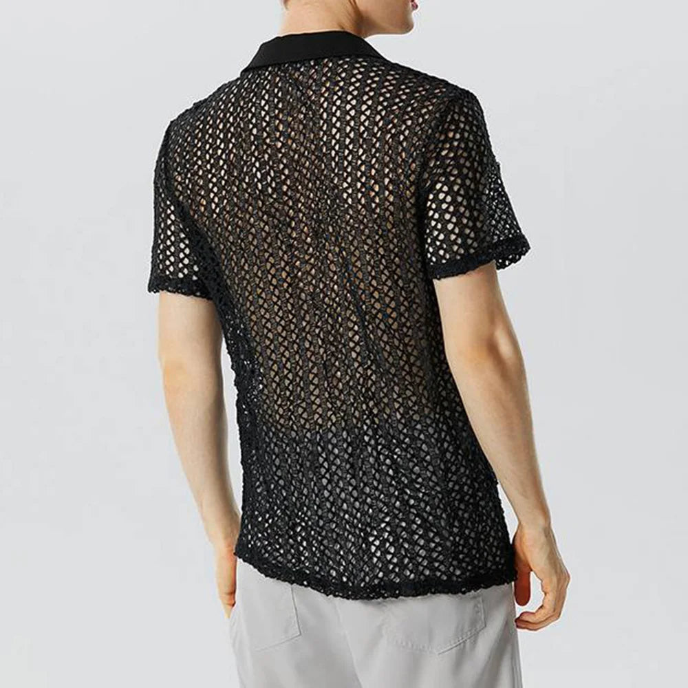 HEARUJOY  -  Mens Shirt Hollow Perspective Mesh Casual T-Shirt Niche Personality Breathable Versatile Sexy Tops Men'S Clothing Summer New