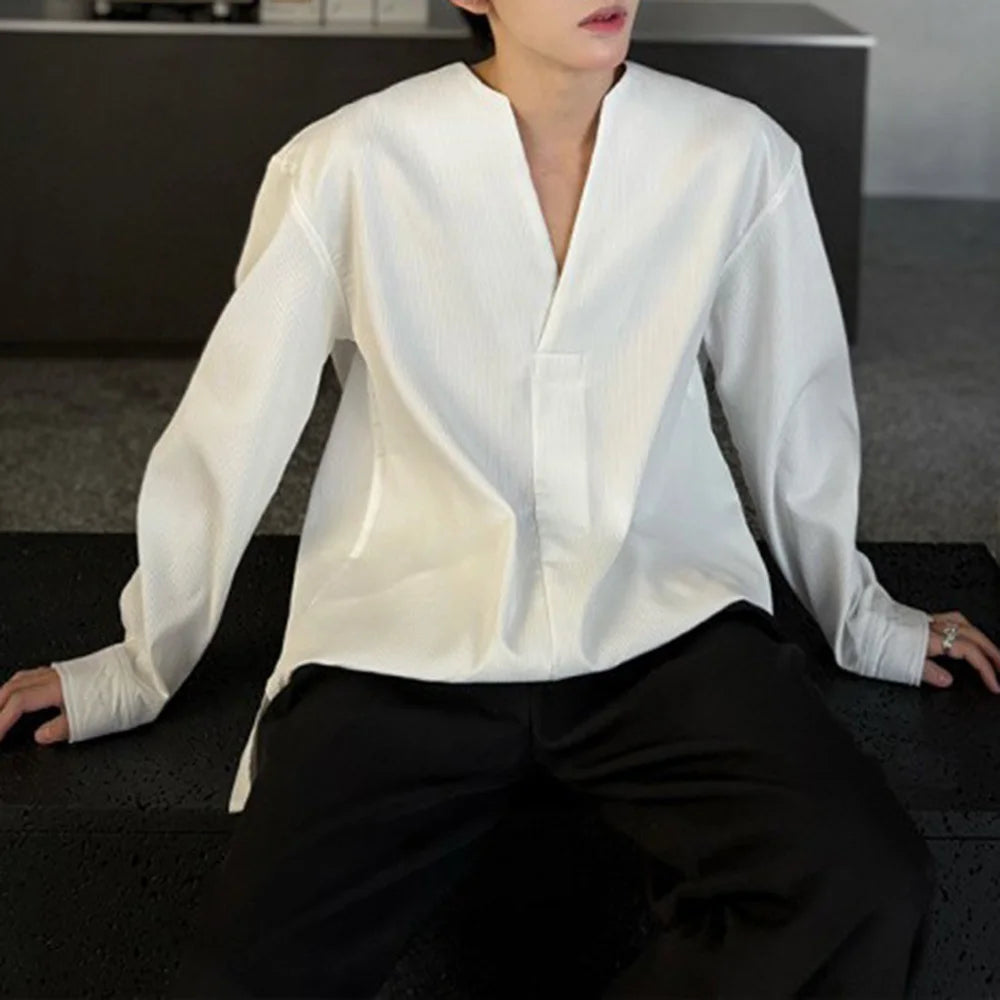 HEARUJOY  -  Mens Shirt V-Neck Sexy Nightclub Shirt Streetwear Ballroom Fashion Elegant Versatile Long-Sleeved Top Men'S Clothing 2025 New
