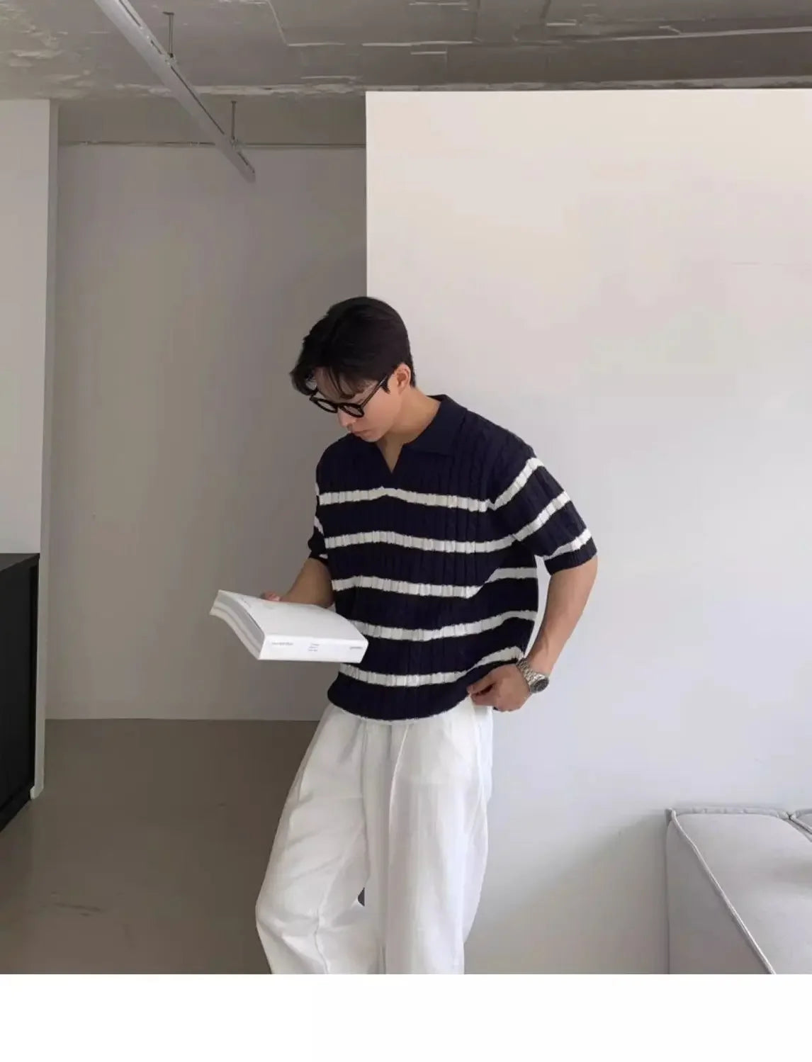 HEARUJOY  -  Twist striped knitted polo shirt short-sleeved men's Korean style slim and versatile casual lapel T-shirt trendy