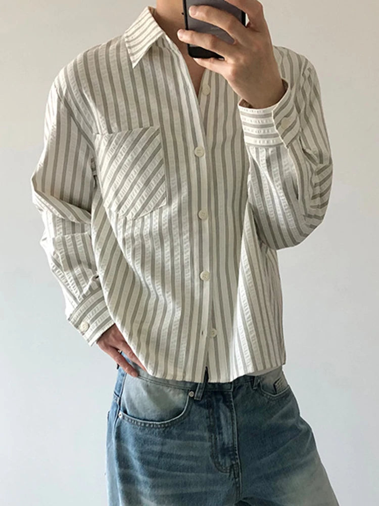 HEARUJOY  -  Spring Fall Casual Mens Striped Printed Shirt Long Sleeve Button-up Turn-down Collar Vintage Shirts Men Daily Leisure Cardigans