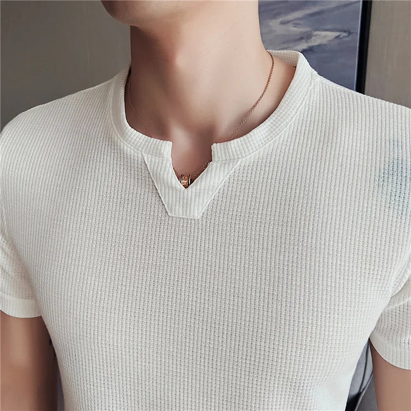 HEARUJOY  -  Men's Waffle Knit T-Shirt Short Sleeve - Premium Breathable Ice Silk Slim Fit Tee, Lightweight Casual Top, Coffee