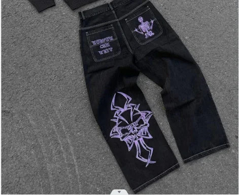 Hearujoy Y2K Retro Cross Skull Embroidery Baggy Jeans America Gothic Straight Wide Leg Denim Pants Men Women Fashion Streetwear Jogger