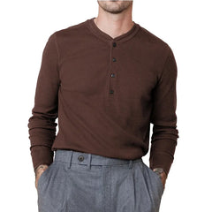 HEARUJOY  -  Men's Fashion Crewneck Long Sleeve T-shirt Henry Spring and Autumn Base Shirt Button Jumper Top