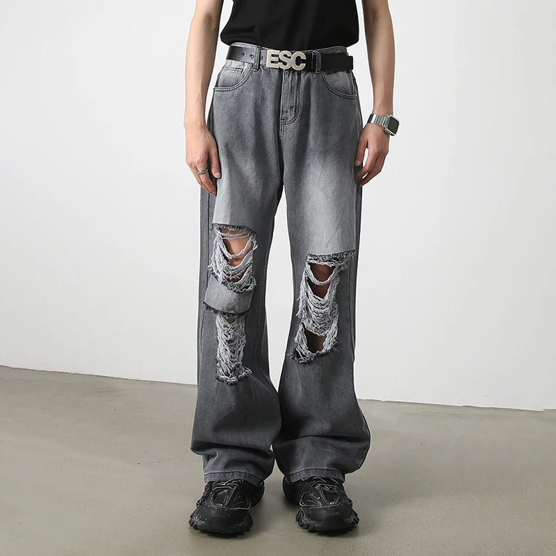 Hearujoy Harajuku Ripped Jeans Men Wide Leg Pants Oversize Hip Hop Darkwear Denim Trousers Male Casual Japanese Streetwear Hole