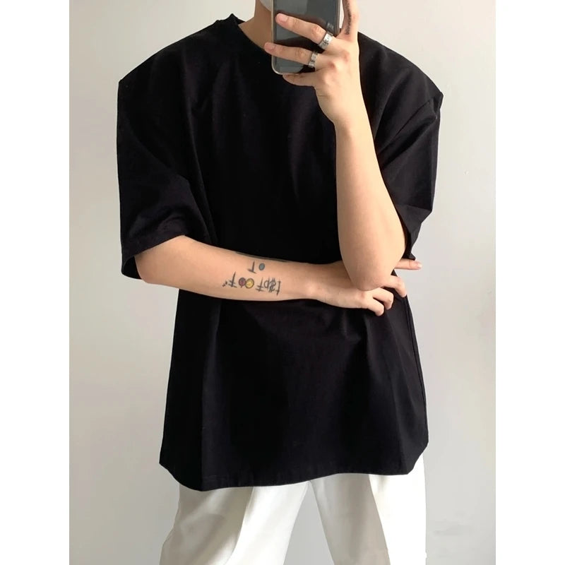 HEARUJOY  -  Summer Cotton Short Sleeved T-shirt Men Black White Casual T Shirt Men Streetwear Korean Loose Shoulder Pad T Shirt Mens Top