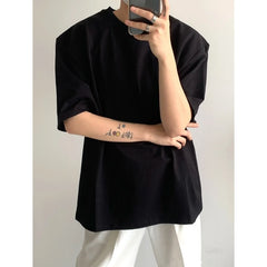 HEARUJOY  -  Summer Cotton Short Sleeved T-shirt Men Black White Casual T Shirt Men Streetwear Korean Loose Shoulder Pad T Shirt Mens Top