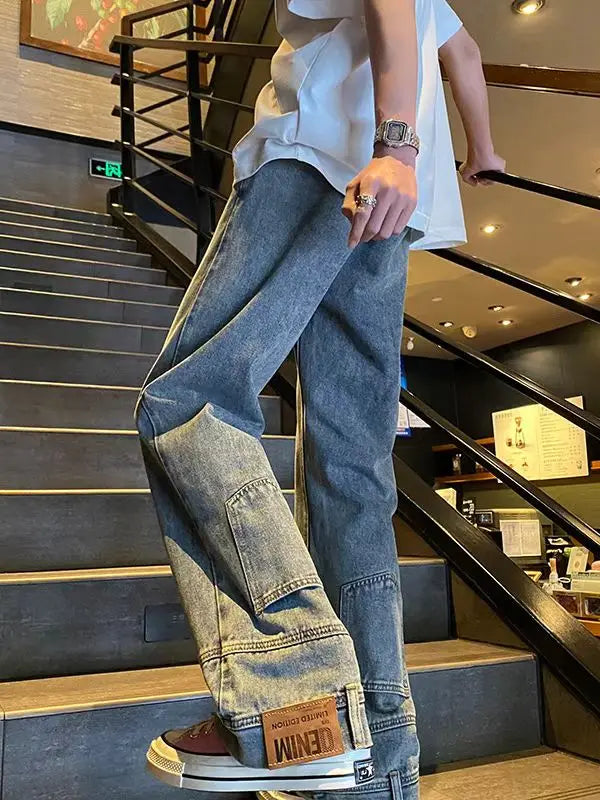 HEARUJOY  -  Backwards Wear Mens High Street Vibe Jeans Clean Fit Loose Straight Denim Pants Spring Summer Design Sense Trousers Unisex