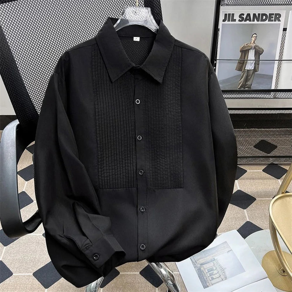 HEARUJOY  -  Mens Shirts Wrinkled Stitching Casual Shirts Streetwear Fashion Personality Versatile Long-Sleeve Tops Men'S Clothing 2025 New
