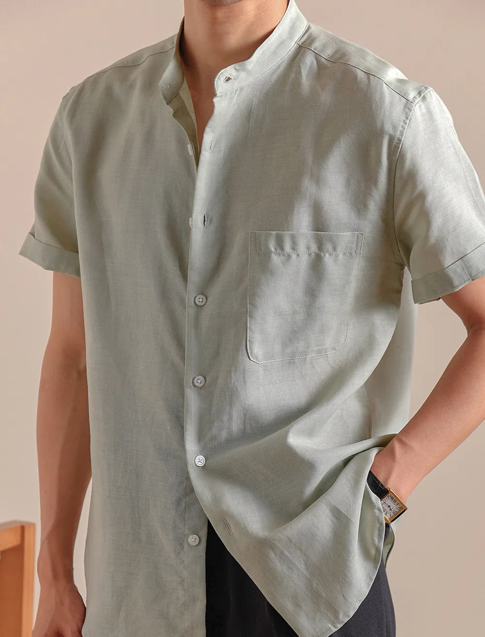 HEARUJOY  -  Natural Linen Cotton Blend Stand Up Collar Shirt Top Quality Men's Short Sleeved Casual Loose Thin Breathable Shirt 3 Colors