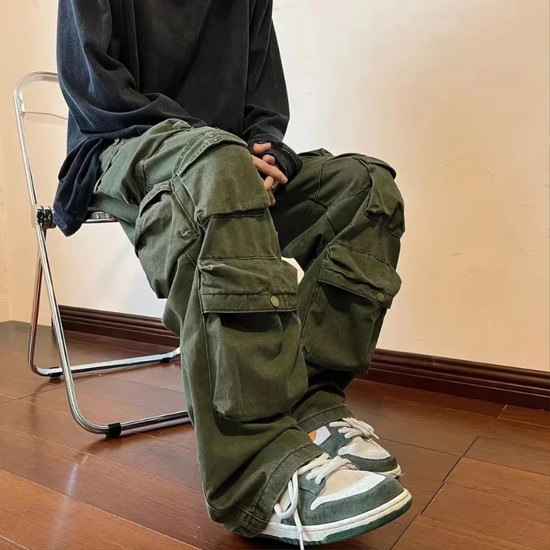 Hearujoy Y2k  Hip-hop Cargo Pants Multi-pockets Tooling Pant Harajuku Men's Vintage Loose Wide Leg Pants Streetwear Casual Trousers