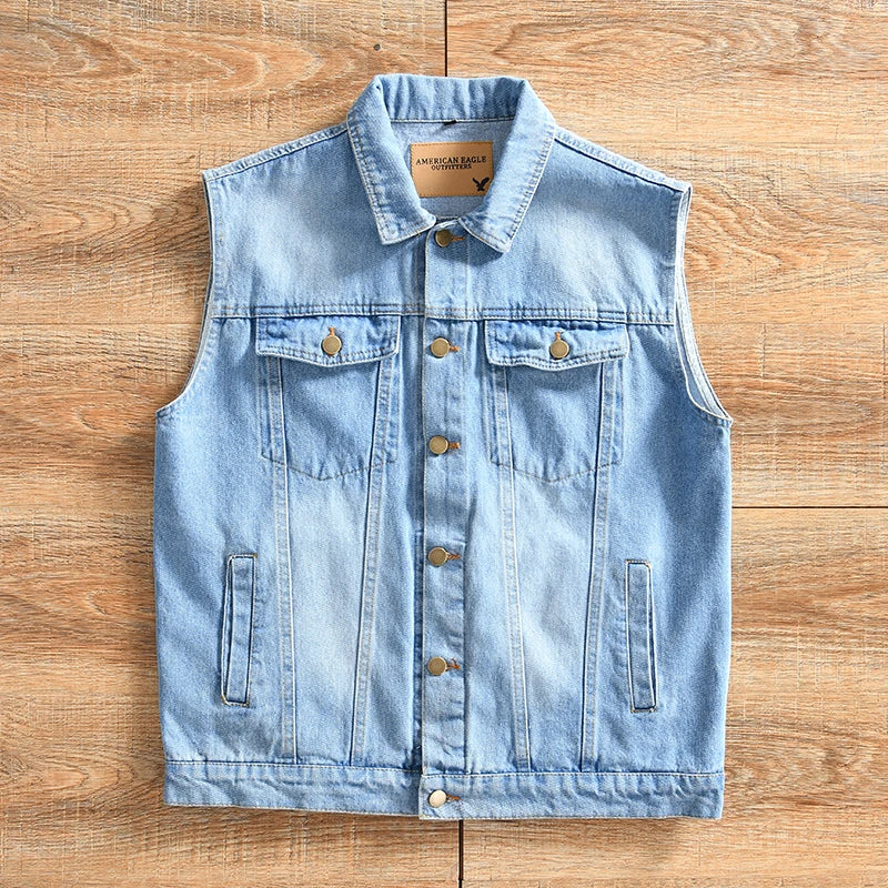 HEARUJOY  -  Heavy-Duty Washed Spring Men's Japanese Casual Lapel Denim Vest Sleeveless Tank Jacket Amekaji American Vintage