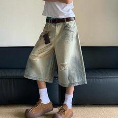 Hearujoy Mud Dyed Washed Worn Out Hole Straight Denim Pants Summer 2024 Wide Leg Contrast Color Male Shorts Casual 24E1065