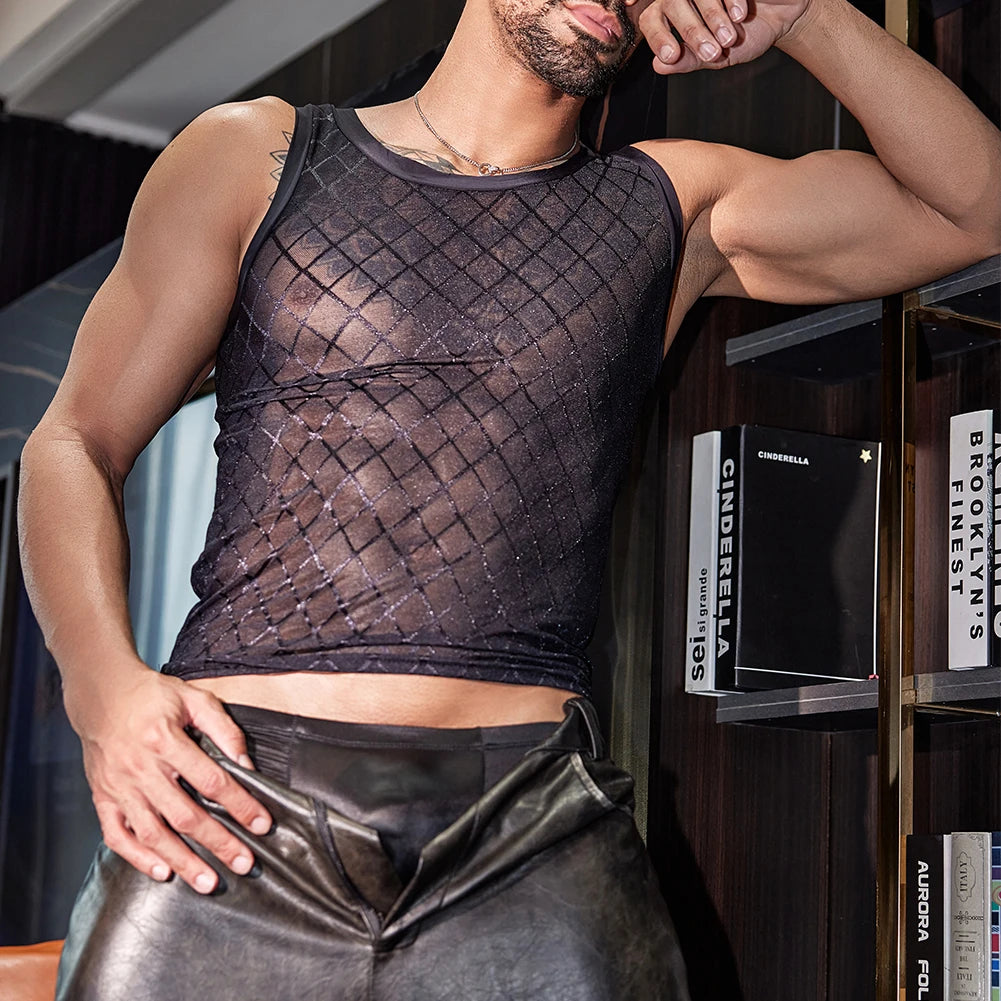 HEARUJOY  -  Sleeveless Top Mens Tank Tops Sporty Look Party Outfit Regular Length Elastic Fabric Four Seasons Wear Mesh Design
