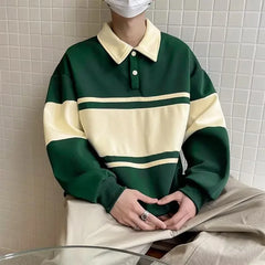 HEARUJOY  -  Men Polo Collar Sweatshirts Spring Autumn Vintage Striped Patchwork Pullover Tops Casual Loose Hoodies Male Harajuku Streetwear