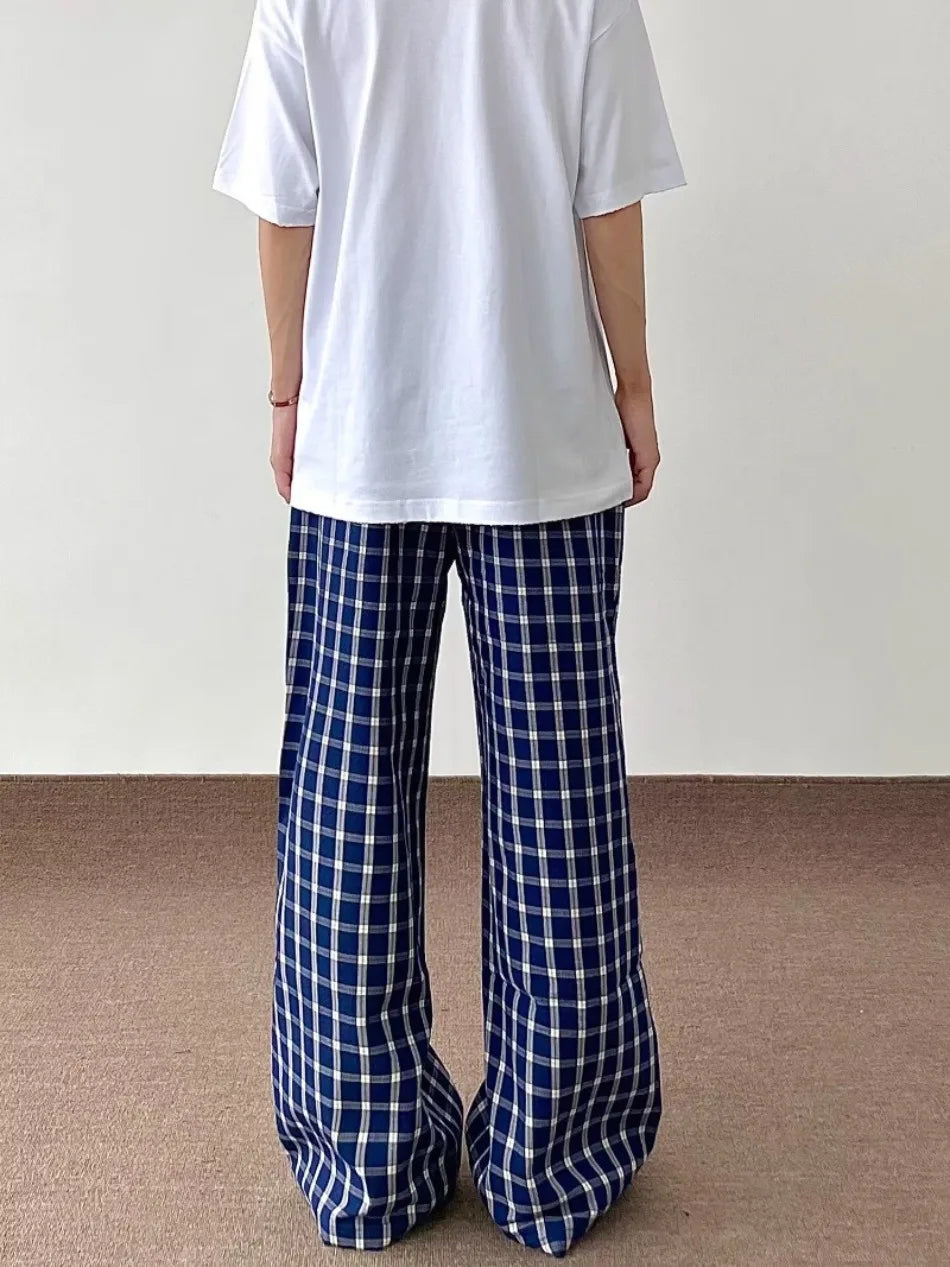 HEARUJOY  -  Blue Checkered Straight Leg Pants Mens Retro Trendy Loose Couple Casual Trousers Multiple Buckles College Pantalones Hombre