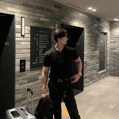 HEARUJOY  -  New Men Light Luxury Henry Collar T-Shirt Leisure Button-down Solid Color Short Sleeve Korean Style 2025 Summer Streetwear M-3XL