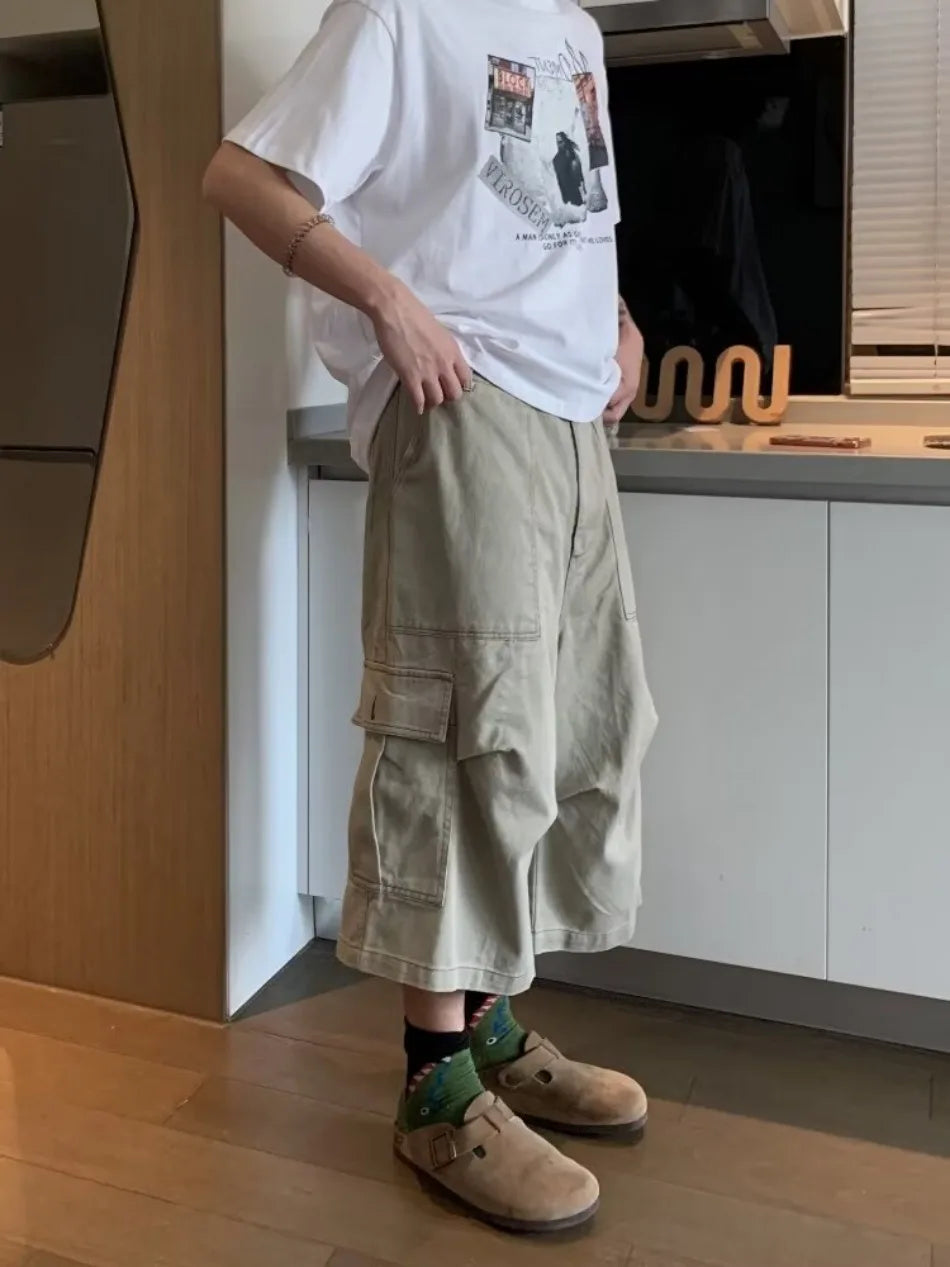 HEARUJOY  -  Cargo Cropped Pants Mens Summer New Multiple Pockets Casual Wide Leg Tooling Shorts Street Retro Paratrooper Overalls Thin