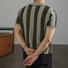 HEARUJOY  -  Men's Half-Zip Striped Knitted Short-Sleeved Polo Shirt American Retro Fashion Trend Casual Simple Loose Breathable Men's Tops