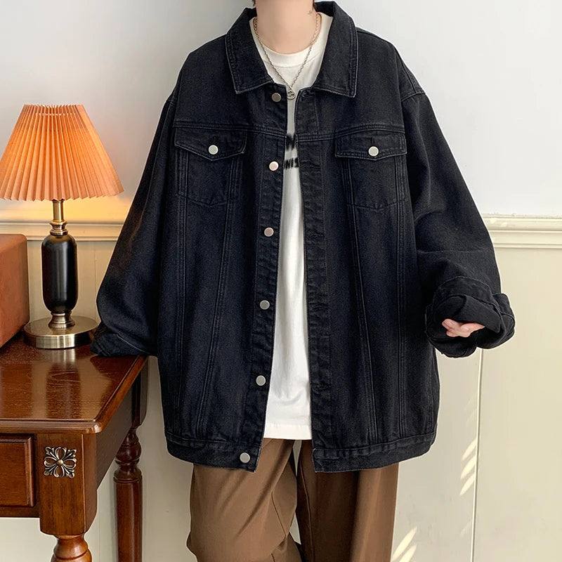 Hearujoy Plus Size 5XL-M Black Denim Jacket Mens Turn Down Collar Jeans Coats Multi-pockets Overalls Streetwear Loose Casual Men Clothing