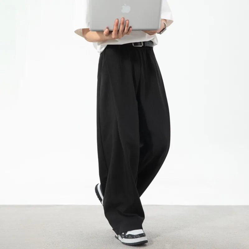 HEARUJOY  -  Korean Style Men's Suit Pants Solid Color Pleated Design Botton Drawstring Simple Elastic Waist Summer Male Trousers