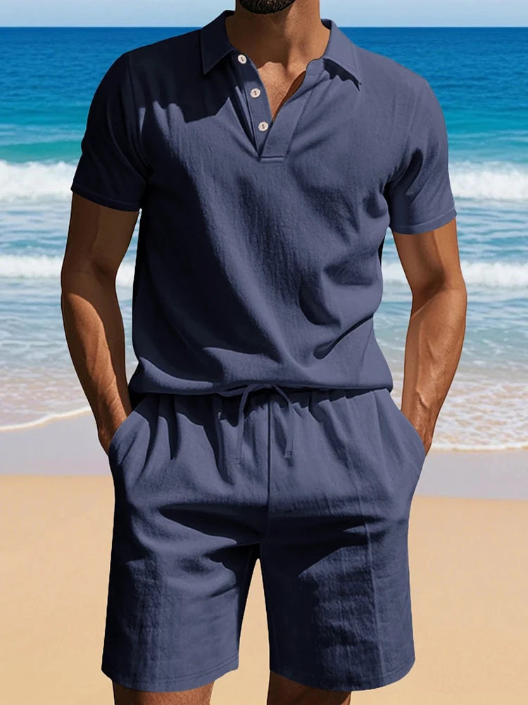 HEARUJOY  -  Summer Daily Casual Men's Two Pieces Sets Fashion Lapel Button Polo Shirt And Shorts Mens Outfits Leisure Linen Loose Suits