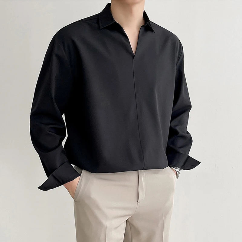 HEARUJOY  -  Men's Luxury V Neck Pullover Shirts Casual Solid Color Korean Fashion Clothes Long Sleeve High Quality Tops Spring 2025 New