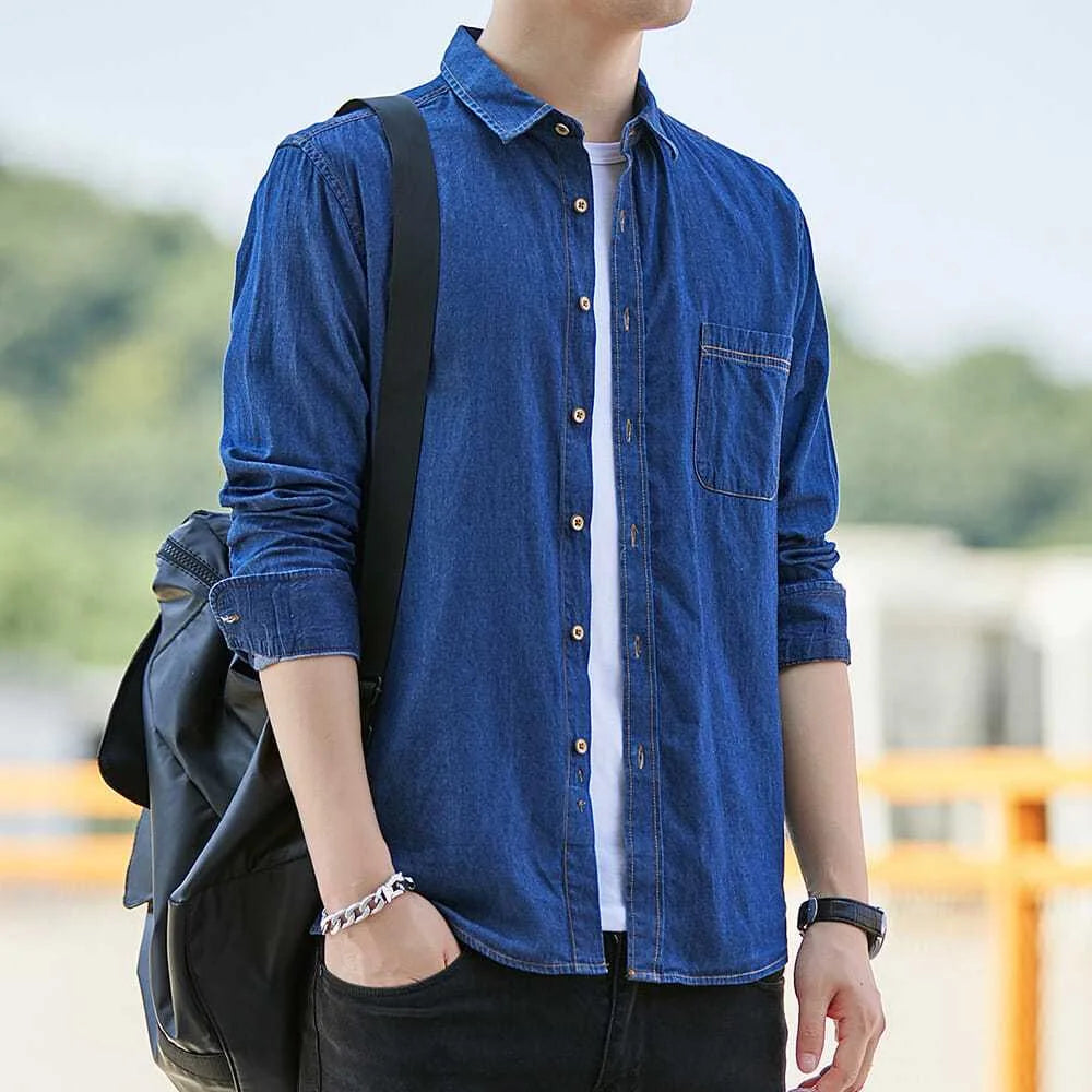 HEARUJOY  -  Fashion Korean Style Denim Shirt For Men 100% Cotton Long Sleeve Slim Fit Tops Spring Autumn Casual Denim shirts Plus Size 4XL