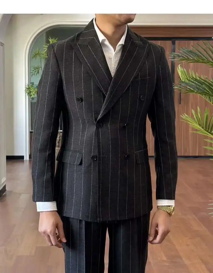 HEARUJOY  -  Men Suit Designers Slim Fit Business Casual Striped Double Breasted Suit Set Trend Traje Novio 2025 Men Tuxedo Suit Grooms Suit