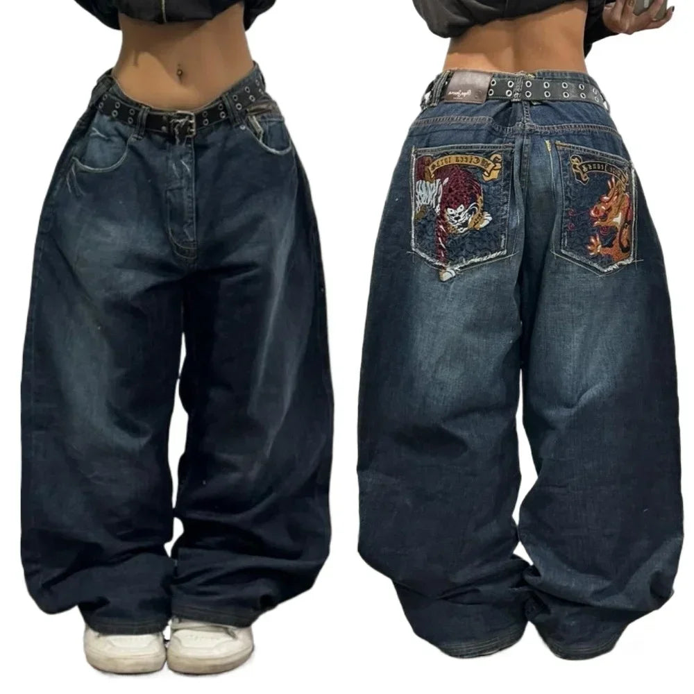 Hearujoy American New Embroidered Jeans Y2K Retro Hip Hop Pattern Jeans Men's Women's High Street Gothic Loose High Waist Wide Leg Pants