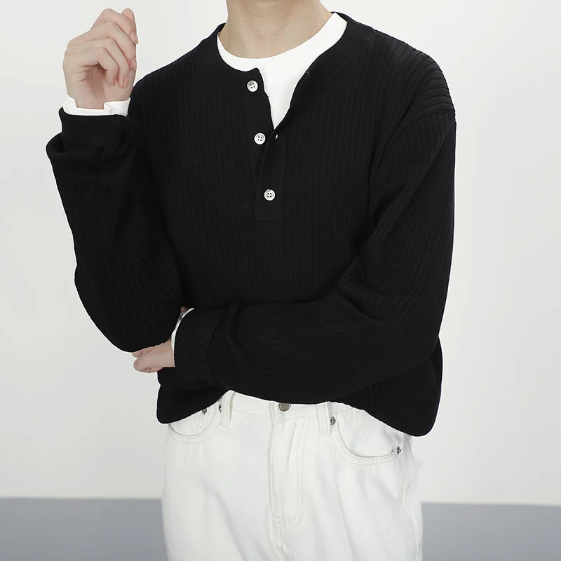 HEARUJOY  -  Stylish Men's Knitting Pullover Tops Autumn Daily Casual Long Sleeve O Neck Button Sweaters For Men Fashion Solid Color Sweater