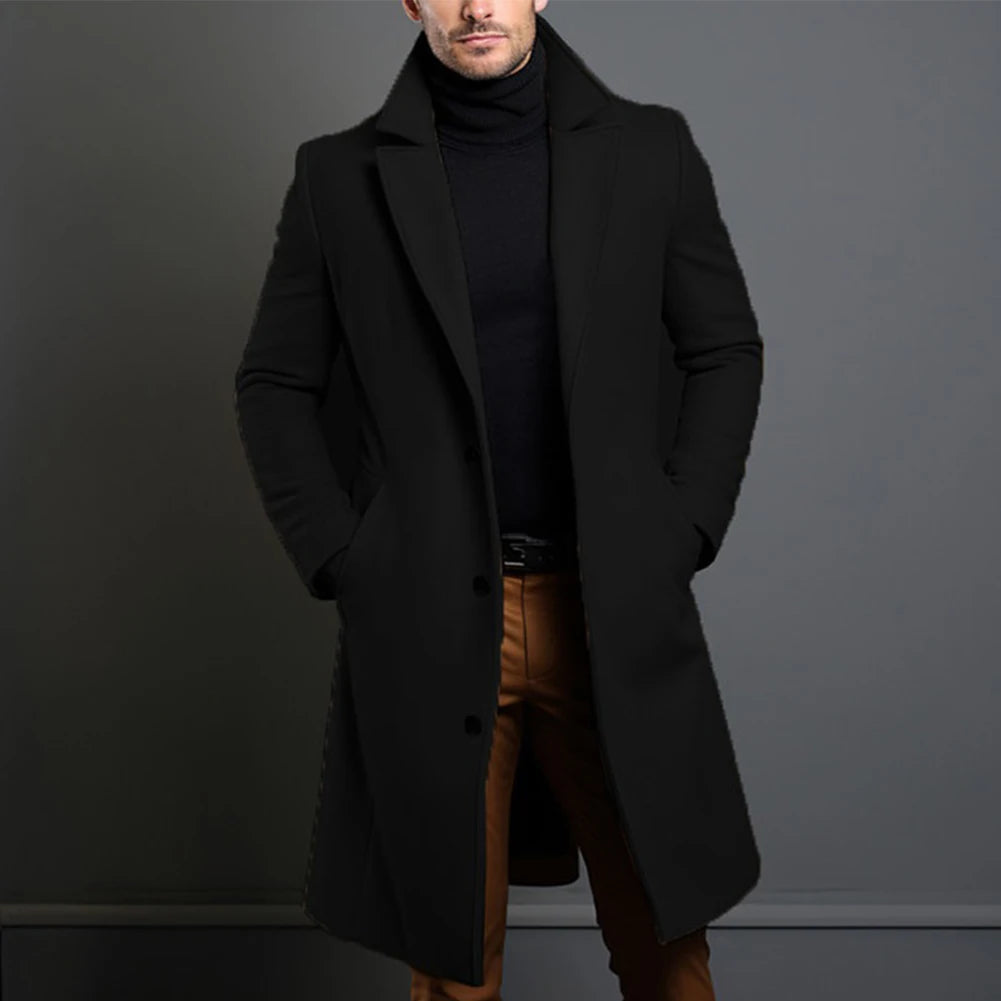 HEARUJOY  -  Long Black Trench Slim Jacket Mens Single Breasted Solid Vintage Full Sleeve Overcoats Tops Keep Warm