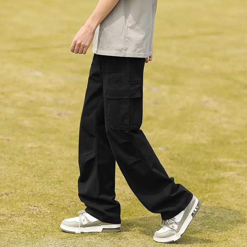 HEARUJOY  -  Off-white Work Casual Pants Men's 2025 American High Street Large Pocket Design Loose Straight Pants