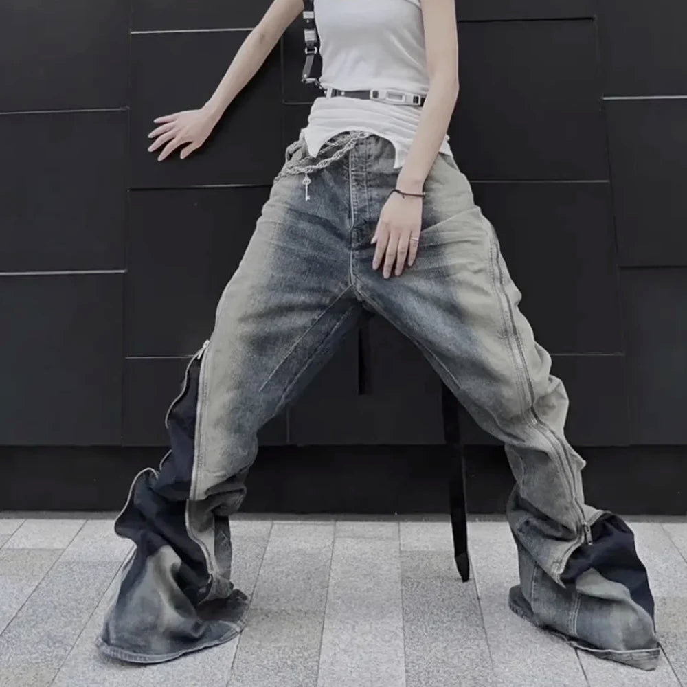 Hearujoy Gradient Blue Horn Stacked Floor Dragging Jeans Unisex Streetwear Baggy Y2K Ribbons Zipper Denim Trousers Oversized