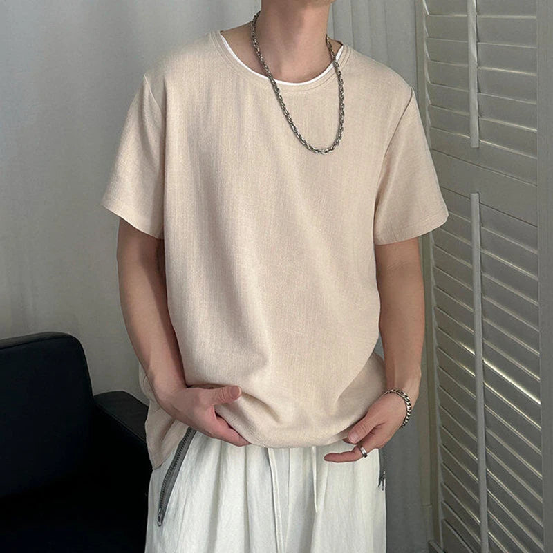 HEARUJOY  -  Korean Style Men's T-shirts Round Collar Short Sleeved Solid Color Mensweae New Summer Pullover Loose Male Tees