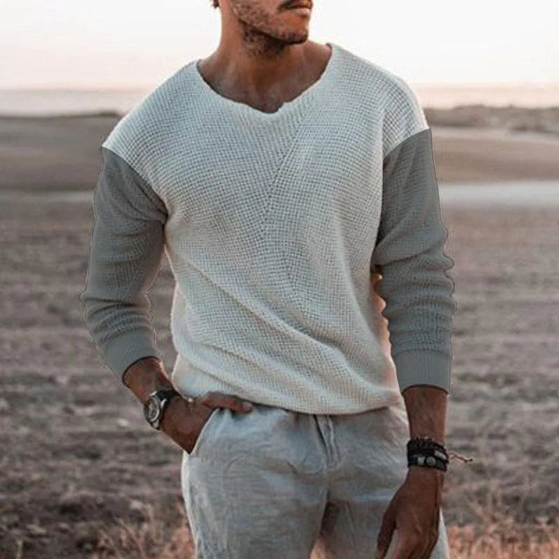 HEARUJOY  -  Men's Casual Knitted Sweater, Long Sleeve, Patchwork Color, O-Neck Tees Top, Loose Hollowed Breathable Knitwear, Streetwear