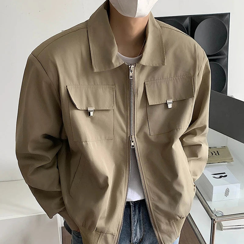 HEARUJOY  -  Simple Lapel Jacket Men Women High Street Short Khaki Baseball Uniform Oversize Multiple Pockets Metal Decoration Bomber Coat