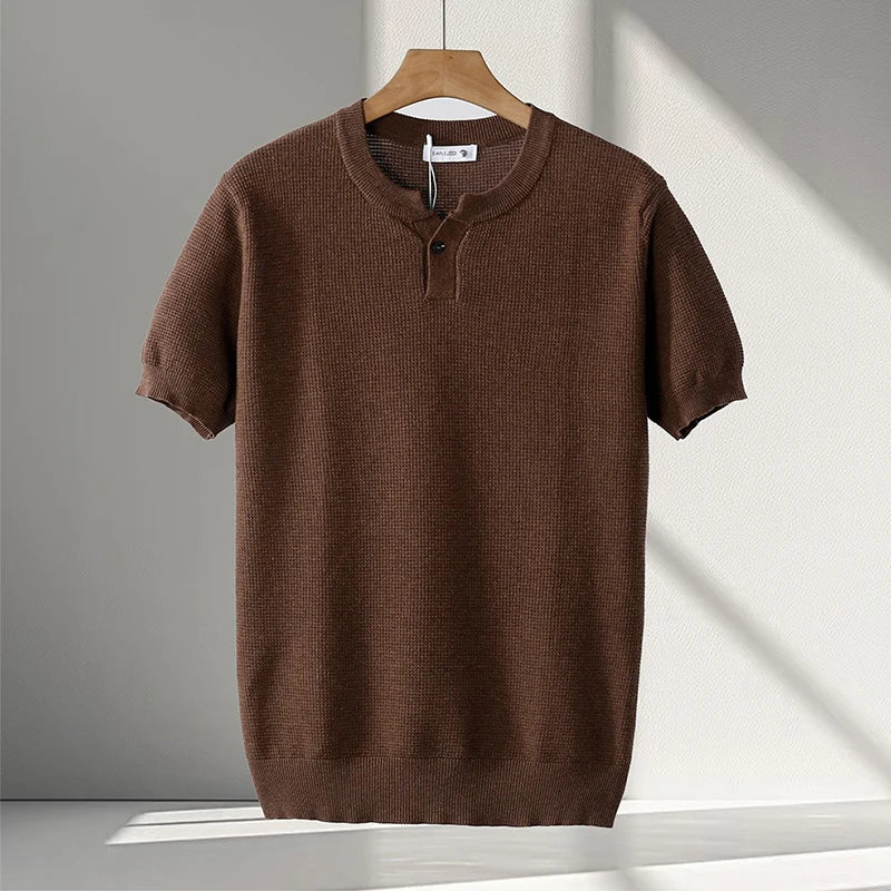 HEARUJOY  -  Vintage Men's Henley Neck Knit T Shirts Summer Casual Breathable Slim Fit Elastic Knitted Tee Men Fashion Short Sleeve Pullovers