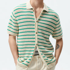 Hearujoy Mens Contrast Color Striped Casual Hollow Knitted Polo Shirt Genderless 2024 Summer Fashion Streetwear Breathable Shirt Unisex