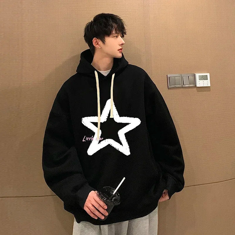HEARUJOY  -  Men's Oversized Hoodie Off White 5XL Hoodies with Hat Over size for Men Star Print Man Casual Wear Hoody Male Sweatshirt