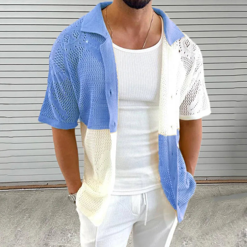 HEARUJOY  -  Color Blocked Hollow Out Knitting Shirts For Men Summer Thin Short Sleeve Button Cardigan Sweater Fashion Casual  Loose Knitwear