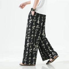 Hearujoy Men Chinese Style Printed Characters Wide Leg Pants Summer Fashion Sports Baggy Tide Trousers Darkwear Letter Streetwear Unisex