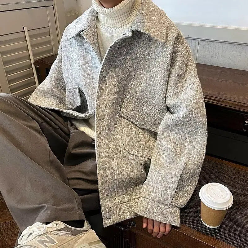 HEARUJOY  -  Autumn Winter New Fashion Turn-down Collar Long Sleeve Solid Jackets Men's Clothing Button All-match American Style Vintage Tops