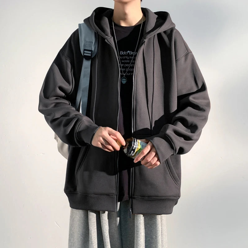 HEARUJOY  -  Spring Autumn Men's Zipper Hoodies Streetwear Casual Jacket Male Solid Color Loose Sweatshirts Simple Hooded Coats