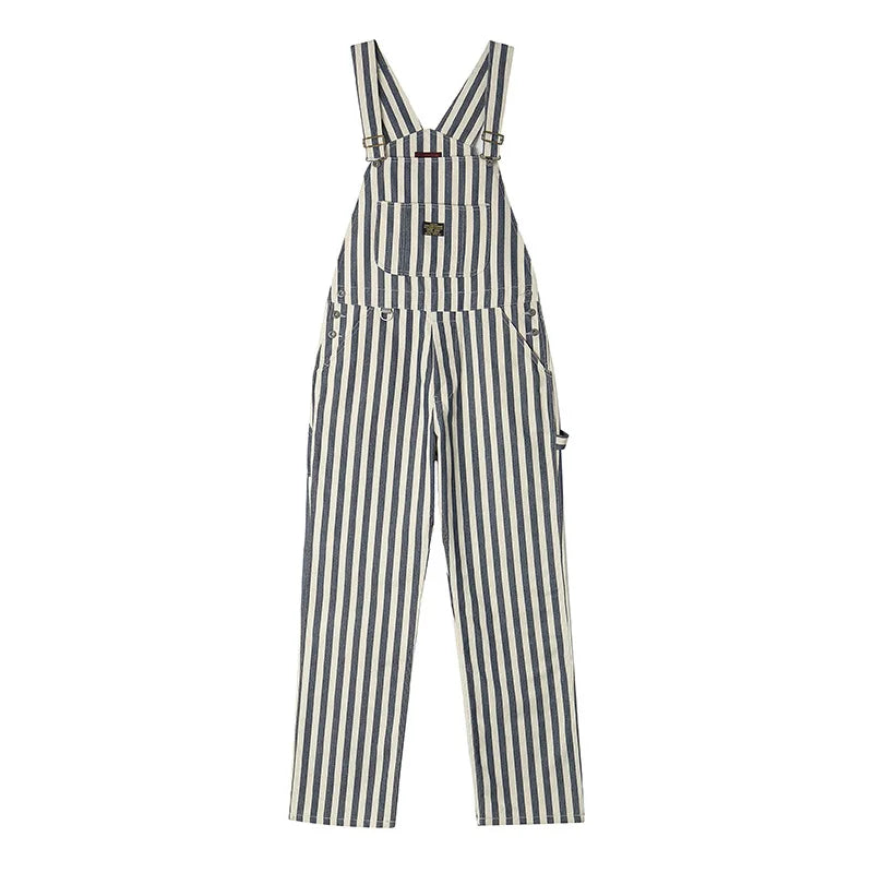 HEARUJOY  -  Vintage Men's American Retro Motorcycle Overalls Striped Bib Denim Jumpsuit 100% Cotton Autumn Pants Heavyweight
