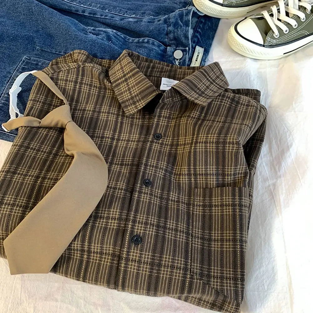 HEARUJOY  -  Couple Summer Tops Loose Short Sleeve Shirt Daily Casual Wear Plaid Pattern Shirt Vacation Outfits For Daily Wear